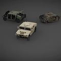 Three Military Off Road Vehicles In Green Camouflage And Beige Colors