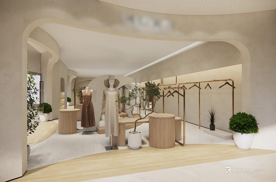 Modern Clothing Store Interior Design Featuring Mannequins Dresses Wooden Tables Clothing Racks And Green Plants 3d model 