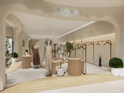 Modern Clothing Store Interior Design Featuring Mannequins Dresses Wooden Tables Clothing Racks And Green Plants 3d model