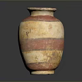 Hand Carved Pottery Jar Sculpture With Red And White Stripes Design