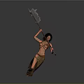 Man Holding Large Axe In Primitive Outfit With Decorative Arm Bands And Flying Debris