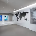 Modern Exhibition Hall Interior Design With White Geometric Stand Blue Screens And Ceiling Lights