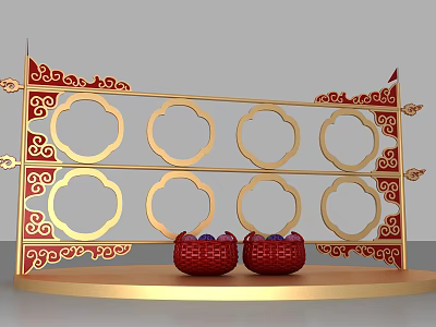 Chinese Traditional Decorative Shelf With Gold Red Ornamental Patterns And Red Baskets 3d model