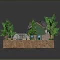 Cartoon Scene With Cozy Small House Tall Green Trees Stone Pathway Lush Lawn And Decorations