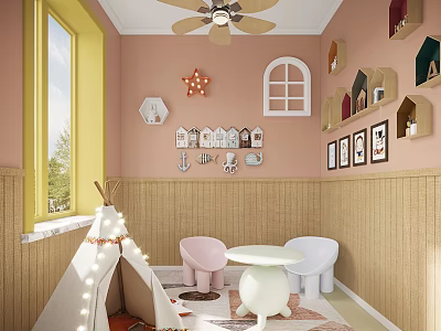 Colorful Kids Room Interior With Pink Walls Wooden Decor Teepee Small Table Chairs And Window 3d model