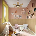 Colorful Kids Room Interior With Pink Walls Wooden Decor Teepee Small Table Chairs And Window