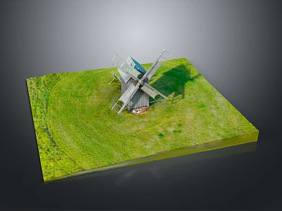 Miniature Windmill Model On Green Grass Base With Wooden Sails 3d model