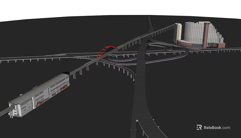 Complex Transportation Interchange With Overpasses Railway Track And High Rise Buildings 3d model 
