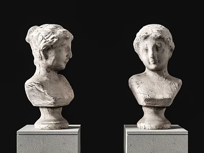Two Stone Female Bust Sculptures Displayed On Pedestals Against Black Backdrop 3d model