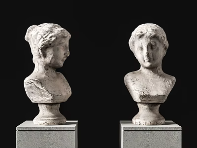 Two Stone Female Bust Sculptures Displayed On Pedestals Against Black Backdrop 3d model