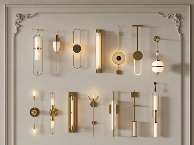Modern Various Wall Lamps With Metal Frames Round Bar Shapes Illuminated On White Wall 3d model