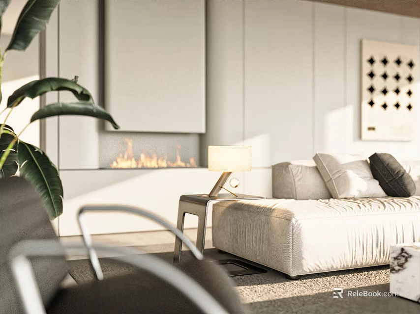 Modern Living Room Table Lamp On Side Table With Sofa Plant And Fireplace 3d model 