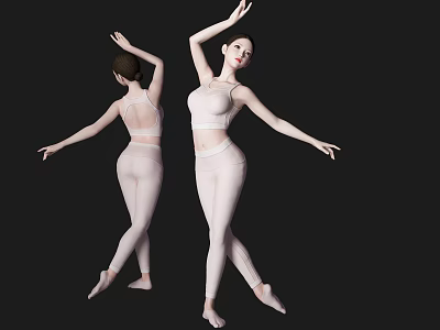 Women In White Activewear Executing Elegant Dance Poses On Black Background 3d model