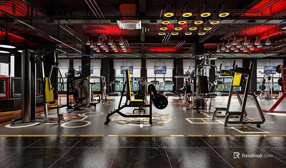 Modern Fitness Gym With Yellow Workout Machines Black Floor And Red Ceiling Lights 3d model 