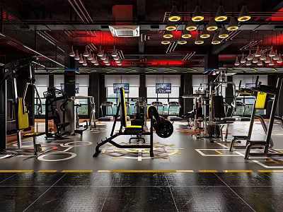 Modern Fitness Gym With Yellow Workout Machines Black Floor And Red Ceiling Lights 3d model