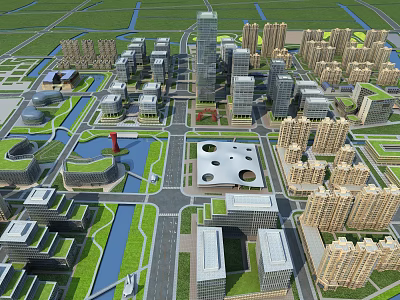 Aerial Urban Planning With High Rise Buildings Roads Rivers Green Spaces And Residential Areas 3d model