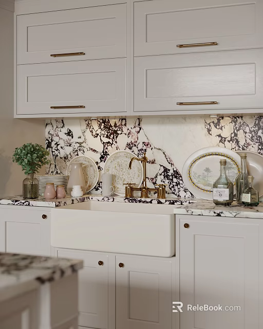 Kitchen Featuring Light Gray Cabinets Marble Backsplash And Farmhouse Sink 3d model
