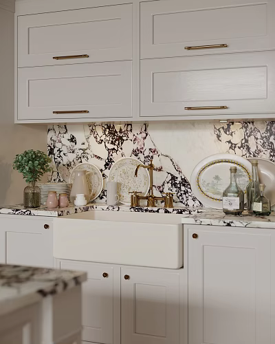Kitchen Featuring Light Gray Cabinets Marble Backsplash And Farmhouse Sink 3d model