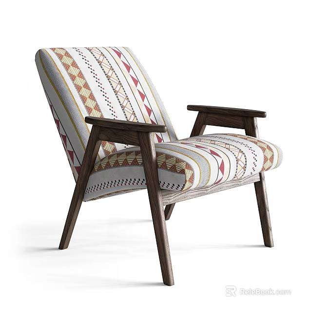 Modern Style Leisure Chair With Striped Geometric Pattern Wooden Armrests And Legs 3d model 