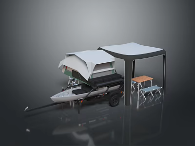 Camper Trailer With Pop Up Tent Awning And Foldable Table Chairs 3d model