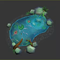 Cartoon Style Pond Scene With Water Lilies Fish Decorative Stones And Green Plants