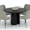 Modern Round Dining Table Set With Black Tabletop Light Gray Chairs And Woven Basket 3d model