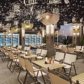 Modern Literary Space Interior With Bookshelves Books Tables Chairs Counter And Star Lights