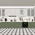 Modern Kitchen With Green White Cabinets Marble Countertops Black White Geometric Floor Tiles And Appliances