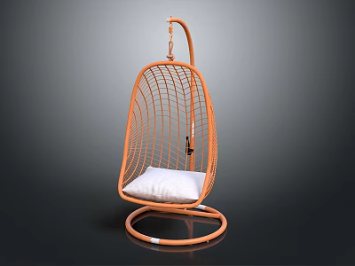 Orange Rattan Bird Nest Hanging Chair With White Cushion And Gray Background 3d model