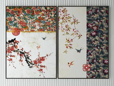 Traditional Floral Bird Decorative Paintings With Red Seals And Nature Motifs 3d model