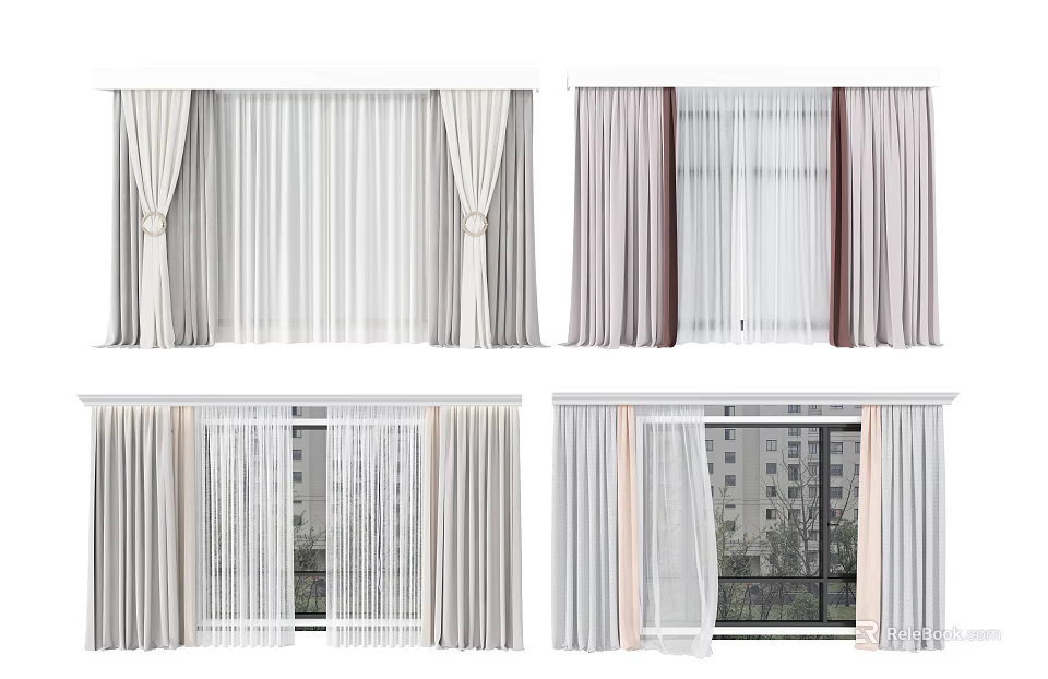 Various Curtain Styles With Sheer And Opaque Fabrics In Neutral Tones For Home Windows 3d model 