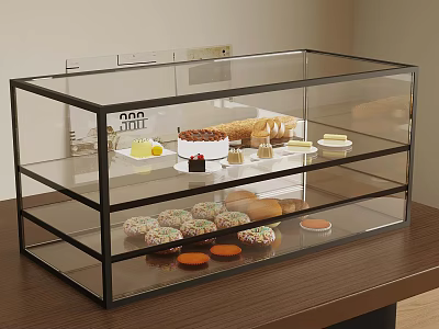 Clear Glass Display Case With Multiple Layers Holding Donuts Pastries And Macarons On Wooden Table 3d model