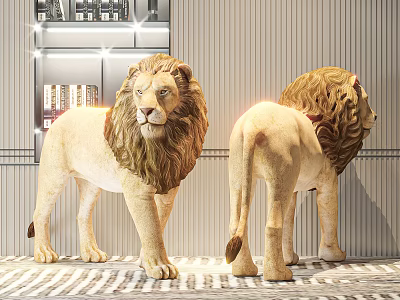 Lion Sculptures Front And Back Views With Bookshelf Striped Wall And Striped Carpet 3d model