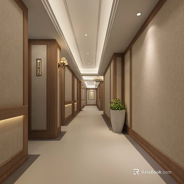 Modern Elevator Hallway Interior With Wooden Trim Soft Lighting And Potted Plant 3d model 