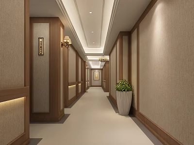 Modern Elevator Hallway Interior With Wooden Trim Soft Lighting And Potted Plant 3d model