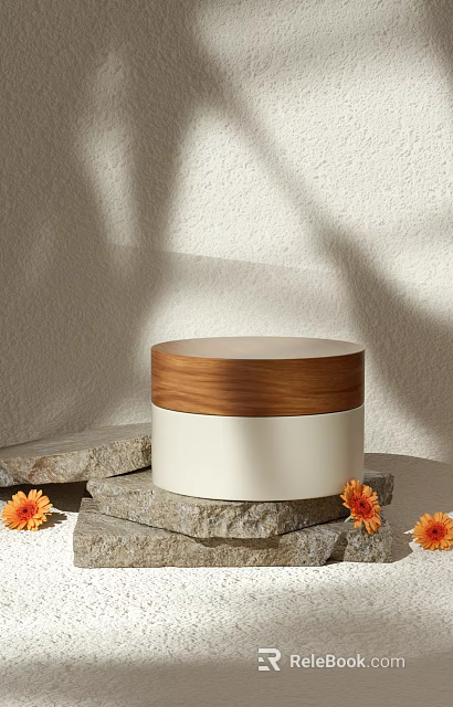 Elegant Luxury Cosmetic Container With Walnut Lid White Body Stone Base And Orange Flowers 3d model 