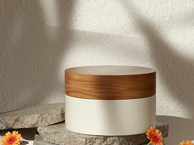 Elegant Luxury Cosmetic Container With Walnut Lid White Body Stone Base And Orange Flowers 3d model