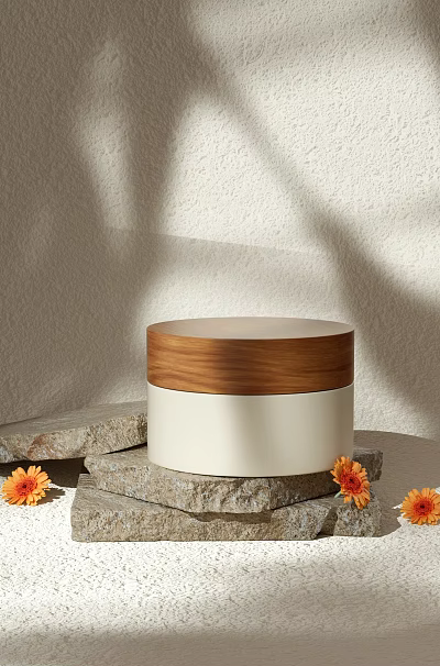 Elegant Luxury Cosmetic Container With Walnut Lid White Body Stone Base And Orange Flowers 3d model