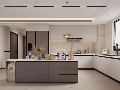 Modern Kitchen Interior With Gray White Cabinets Island Countertop Pendant Lighting And Appliances 3d model
