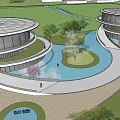Modern Architectural Complex With Circular Domes Water Features And Green Spaces 3d model