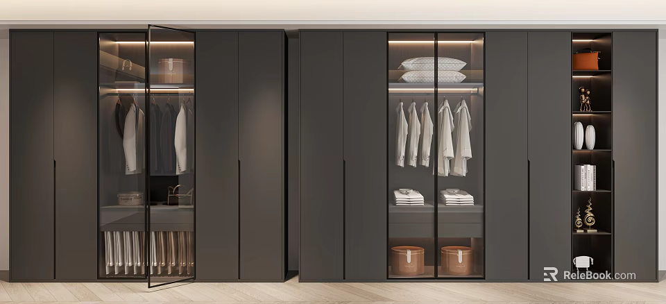 Modern Black Wardrobe With Glass Doors Hanging Area Folded Clothes And Storage Baskets 3d model 