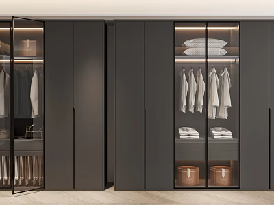 Modern Black Wardrobe With Glass Doors Hanging Area Folded Clothes And Storage Baskets 3d model
