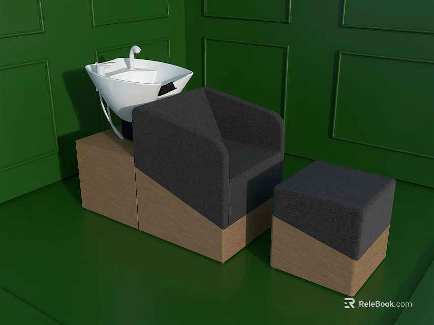 Black Massage Chair With Ottoman And Wooden Base In Green Wall Room 3d model 
