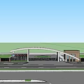 Modern Arched Entrance Gate Design With Surrounding Buildings Car And Pedestrians