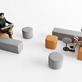 Gray And Orange Sofa Stools With People Sitting Reading Newspaper And Using Tablet 3d model