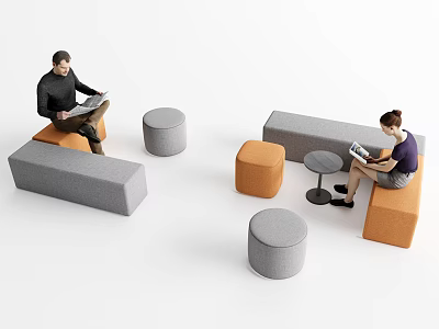 Gray And Orange Sofa Stools With People Sitting Reading Newspaper And Using Tablet 3d model