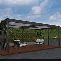 Modern Outdoor Pergola With Metal Frame Transparent Canopy Wooden Floor Greenery And Seats