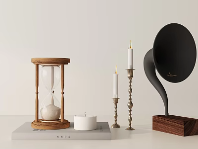 Wooden Hourglass White Candles And Black Horn Shaped Decorative Ornament Set With Wooden Base 3d model