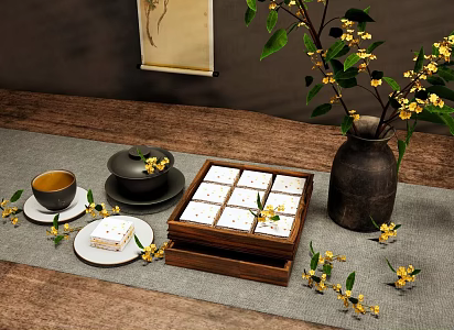 New Chinese Ornaments Combination Mid-Autumn Festival Osmanthus Cake Chinese Dim Sum Cake Cover Bowl Tea Cup Osmanthus Branch Flower Vase Osmanthus Cake Snack Food Box 3d model