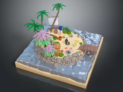 Tropical Island Model With Sand Beach Palm Trees Water Hut And Rocks 3d model